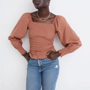 NWT Madewell Sz S Lucie Bubble Sleeve Warm Umber Smocked Top